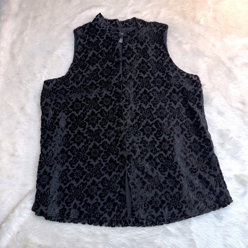 Gap Vintage Velvet Vest Women Large Black‎ Floral Mandarin Collar Frog Closure